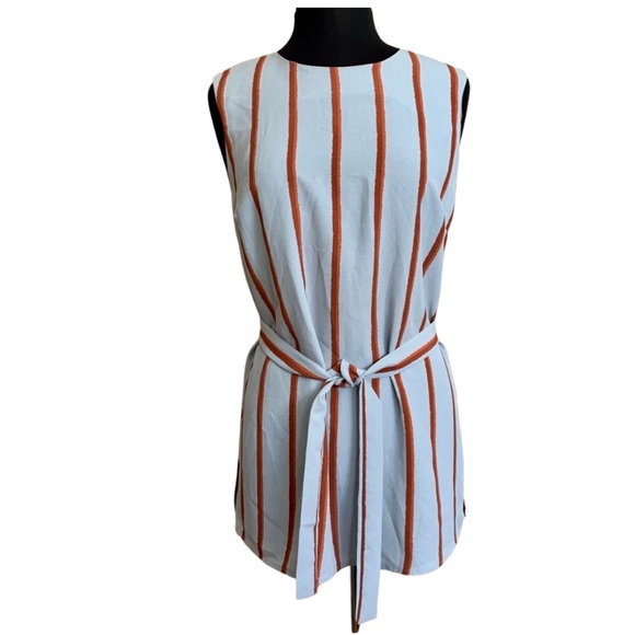 ENGLISH FACTORY Top Blue Striped Blouse Size Large Sleeveless Tunic Belted - Picture 1 of 10